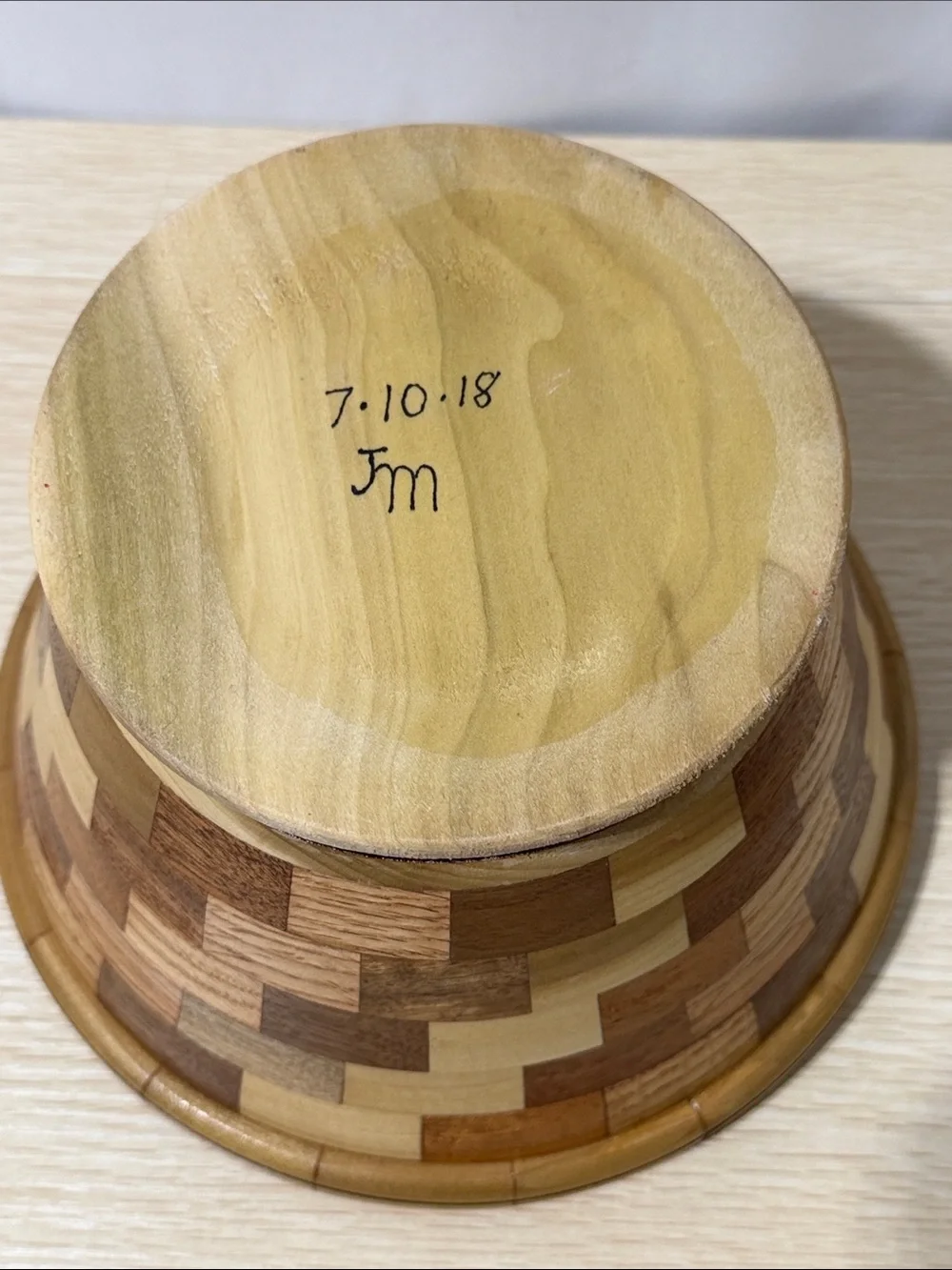 Handcrafted Two-Tone Wood Mosaic Bowl - Natural Brown